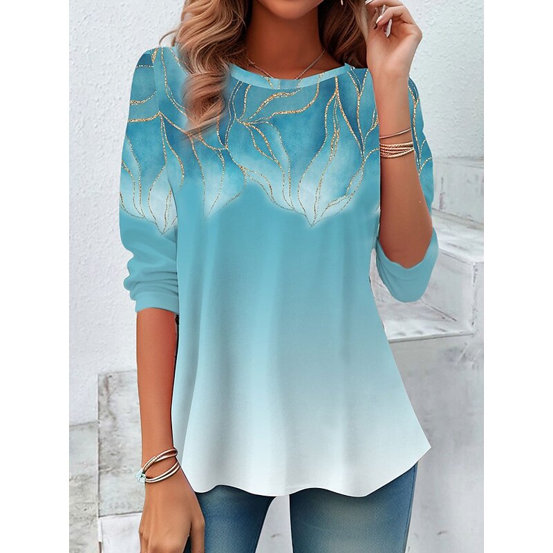 Women's T shirt Crew Neck Long Sleeve Tunic Floral Graphic Elegant Casual  Round Neck Regular Tops Daily Print Blue Purple Green Fall