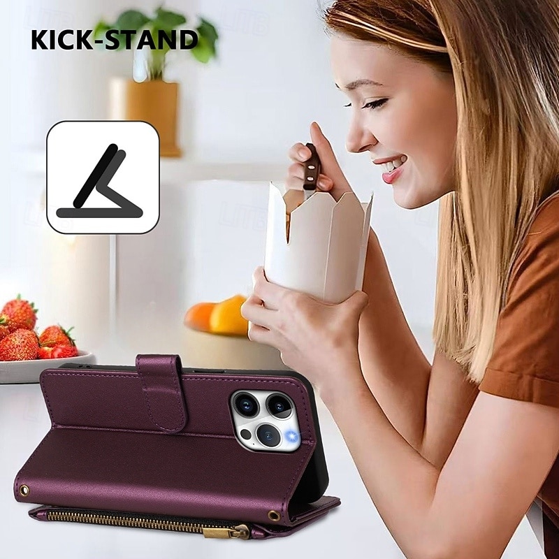 Phone Case For iPhone 17 Pro Max 17 Air 16 Pro Max Plus 16 15 14 Pro Max Plus 16e 13 Pro Max Mini 13 Mini Back Cover with Stand Holder Full Body Protective with Wrist Strap Retro TPU PU Leather3