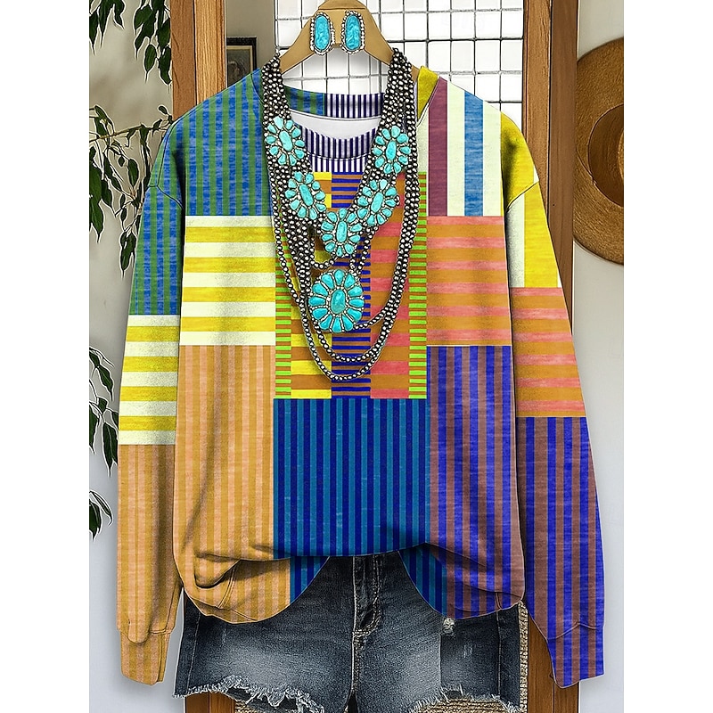 Women's Sweatshirts Graphic Striped Casual Long Sleeve Crew Neck Regular Tops Street Dailywear Casual Print Yellow Red Blue Purple Fall Winter2