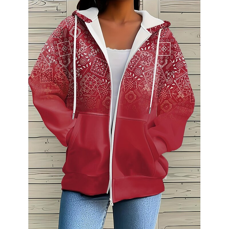 Women's Hooded Sweatshirt Jacket Long Sleeve Zip Up Hoodie With Pocket Lightweight Casual Oversized Geometric Striped Active Vintage Sports Drawstring Black Pink Red Blue Orange Spring Fall2