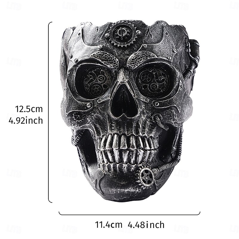 Halloween Skeleton Planter Resin Statue Decor, Punk Style Mechanical Skull Head Flower Vase, White Vintage Resin Gothic Decoration for Home, Patio, Halloween Party Display2