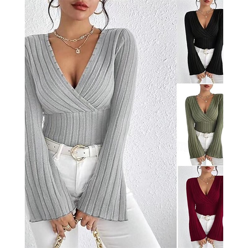 Women's Texture Blouse T Shirt Plain Fashion Modern Long Sleeve V Neck Regular Tops Daily Tunic Black Army Green Gray Summer