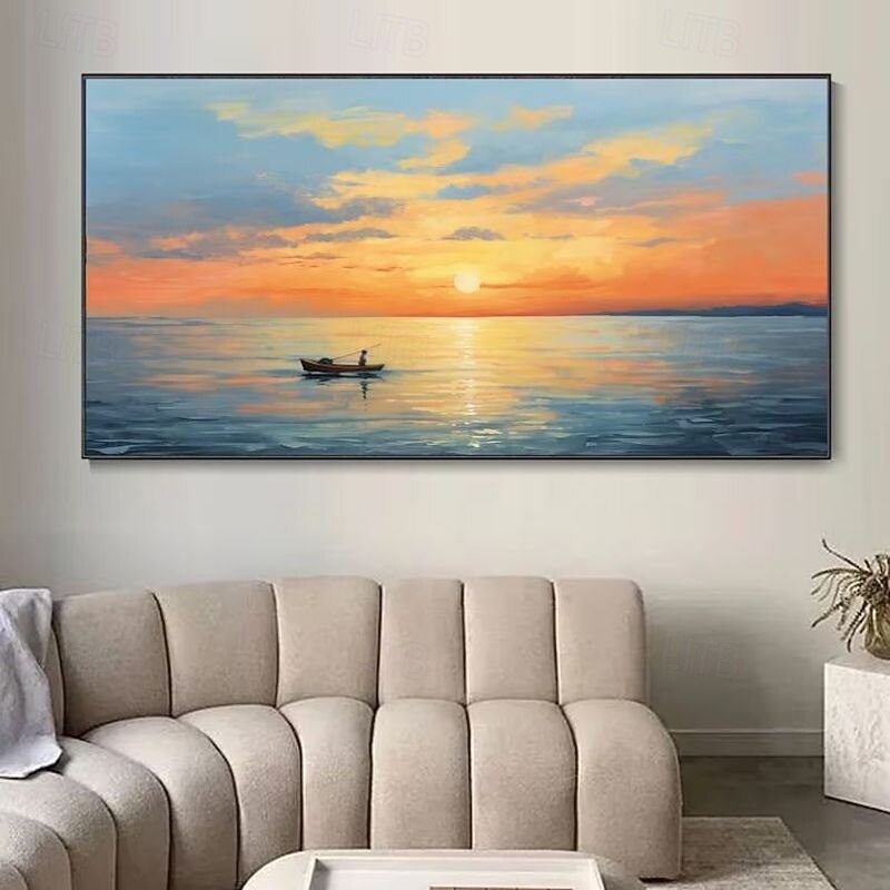 Hand-Painted Artwork Serene Sunset Seascape Canvas Oil Painting Calm Lake With Boat Abstract Sky Mural Living Room Home  Decor Housewarming Gift Rolled Frameless Unstretched Painting3