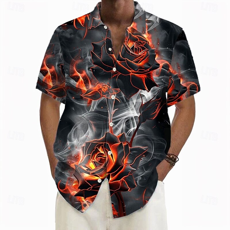 Halloween Men's Floral Print Flame Halloween Costumes Shirt Summer Shirt Button Up Shirt Short Sleeve Dark Gothic Style Holiday Streetwear Summer Spring Turndown 3D Print Collared Shirts Black