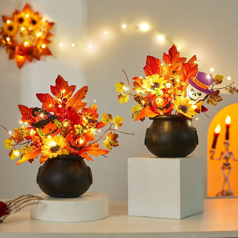 Halloween Fall Desktop Ornament Faux Pumpkin, Maple Leaves, Pinecones, and LED Light Harvest Festival Decor for Halloween, Spooky Fall Display, Autumn Home Decoration2