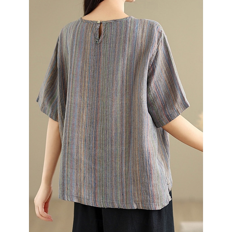 Women's Blouse Striped Stylish Casual Half Sleeve Crew Neck Regular Tops Daily Print Blue Green Khaki Summer Spring Fall4