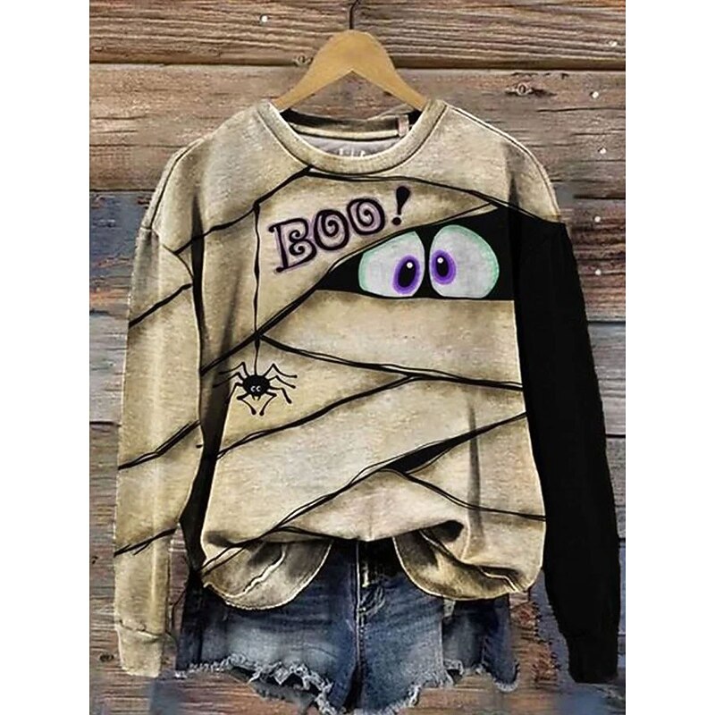 Halloween Women's Sweatshirts Monster Graphic Casual Long Sleeve Crew Neck Round Neck Regular Tops Street Dailywear Casual Print Yellow Orange Green Khaki Spring Fall Winter2