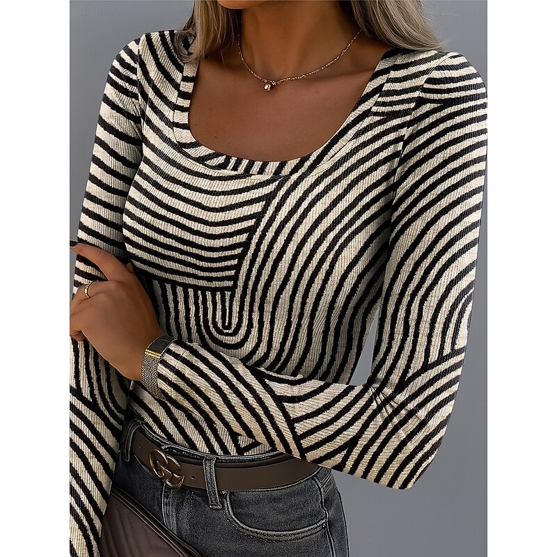 Women's T Shirt Ribbed Graphic Square Neck Long Sleeve Casual Geometric Classic Regular Tops Daily Print White Light Green Dark Green Orange Khaki Spring Fall