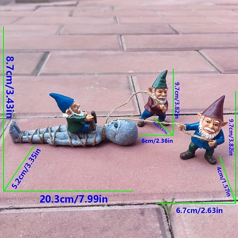 Whimsical Gnome Alien Capture Garden Statues - 3pcs Resin Grey 3.82in Tall Fun Outdoor Decor for Easter & Halloween3