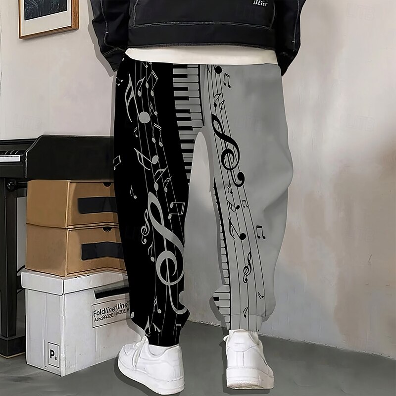 Men's Piano Musical Notes Sweatpants Joggers Trousers Mid Waist Drawstring Elastic Waist Vintage Retro Jogging Streetwear Workout Athletic Sweatpants with Pockets Spring Fall 3D Print White Gray3