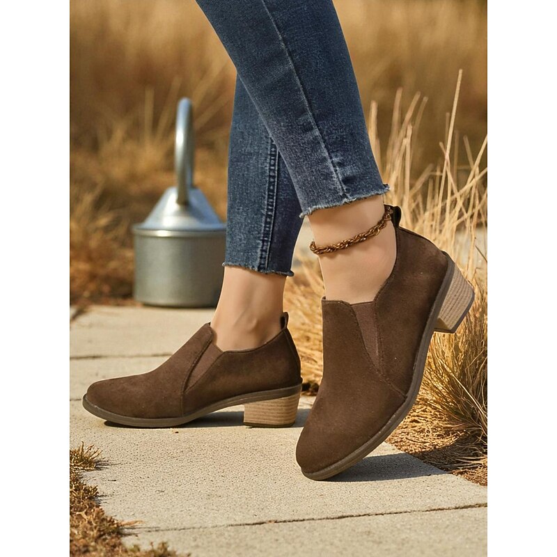 Women's Brown Faux Suede Slip-On Low Heel Shoes – Comfortable Casual Style for Outdoor Walks, Farm Visits and Everyday Wear