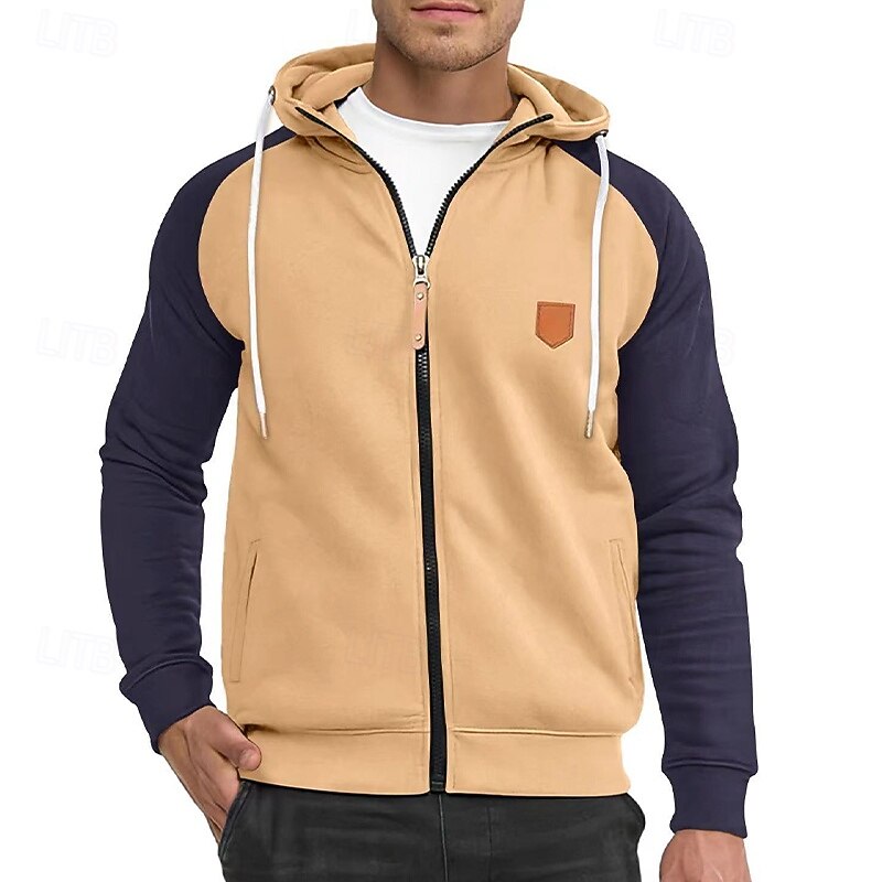 Men's Hoodie Full Zip Hoodie Fleece Hoodie Black Navy Blue Camel Light Grey Dark Gray Hooded Plain Patchwork Color Block Sports & Outdoor Casual Daily Streetwear Cool Sportswear Spring &  Fall4