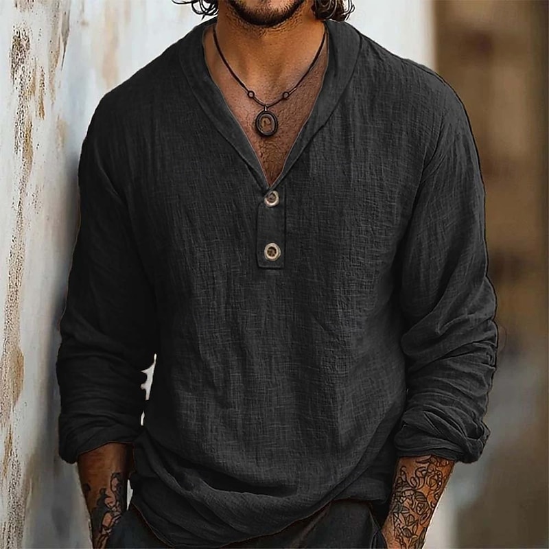 Men's Shirt Linen Shirt Popover Shirt Summer Shirt Beach Wear Solid Color Vacation Street Black Sky Blue Khaki Long Sleeve Collar Summer Spring Clothing Apparel3