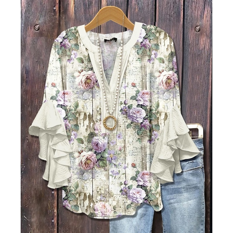 Easter Women's Blouse V Neck Floral Graphic Elegant Bohemia Ethnic 3/4 Length Sleeve Regular Tops Daily Holiday Vacation Wear Ruffle Print White Light Green Blue Purple Green Summer Spring Fall3