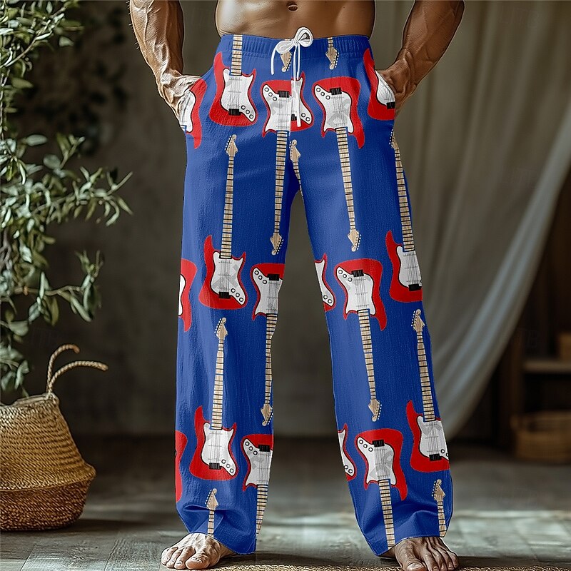 Men's Guitar Musical Instrument Trousers Baggy Pants Casual Pants Mid Waist Retro Vintage Outdoor Vacation Drawstring Side Pockets Elastic Waist Summer Spring 3D Print Black White Blue2