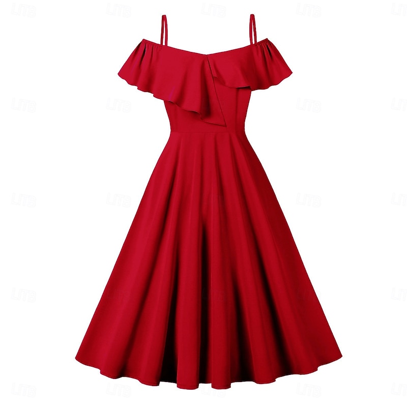 Retro Vintage 1950s Rockabilly Midi Swing Dress Flare Dress Off Shoulder with Pockets Solid Color Fancy Dress Women's Vacation Casual Retro Theme Party Adults Dress Spring & Summer2