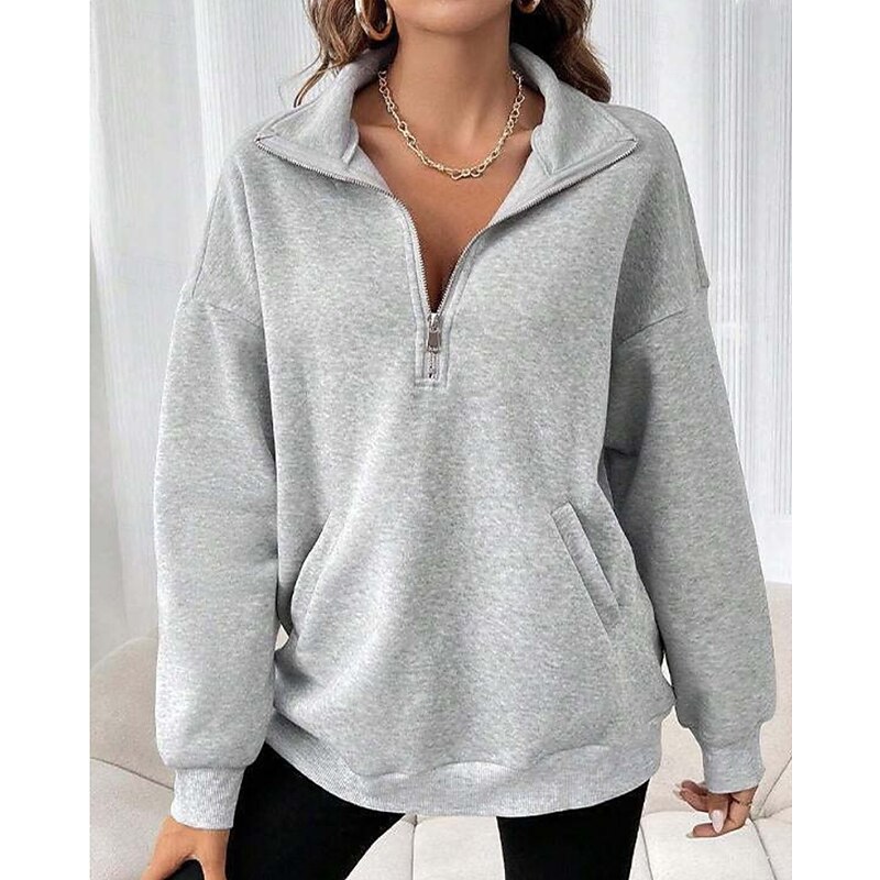 Women's Pullover Sweatshirt Sweatshirts Plain Streetwear Casual Long Sleeve Turtleneck Regular Tops Street Holiday Half Zipper Quarter Zipper Zipper Black Red Gray Fall2