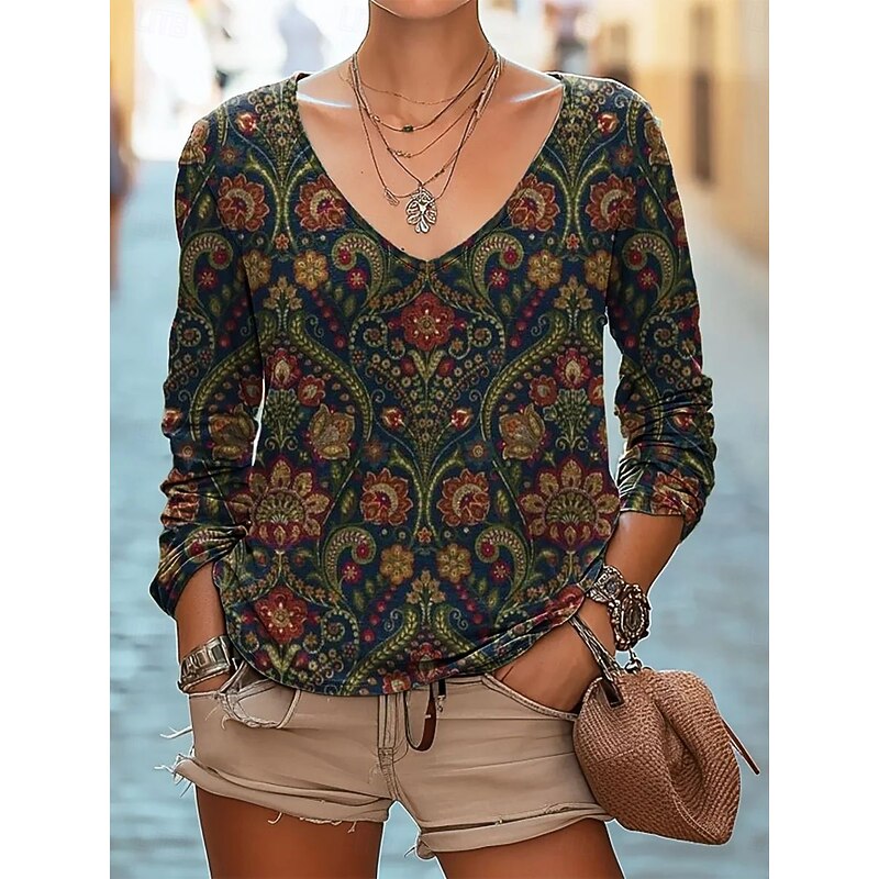 Women's Blouse Floral Bohemia Daily Long Sleeve V Neck Regular Tops Daily Holiday Print Black White Red Navy Blue Emerald Green Summer Spring Fall