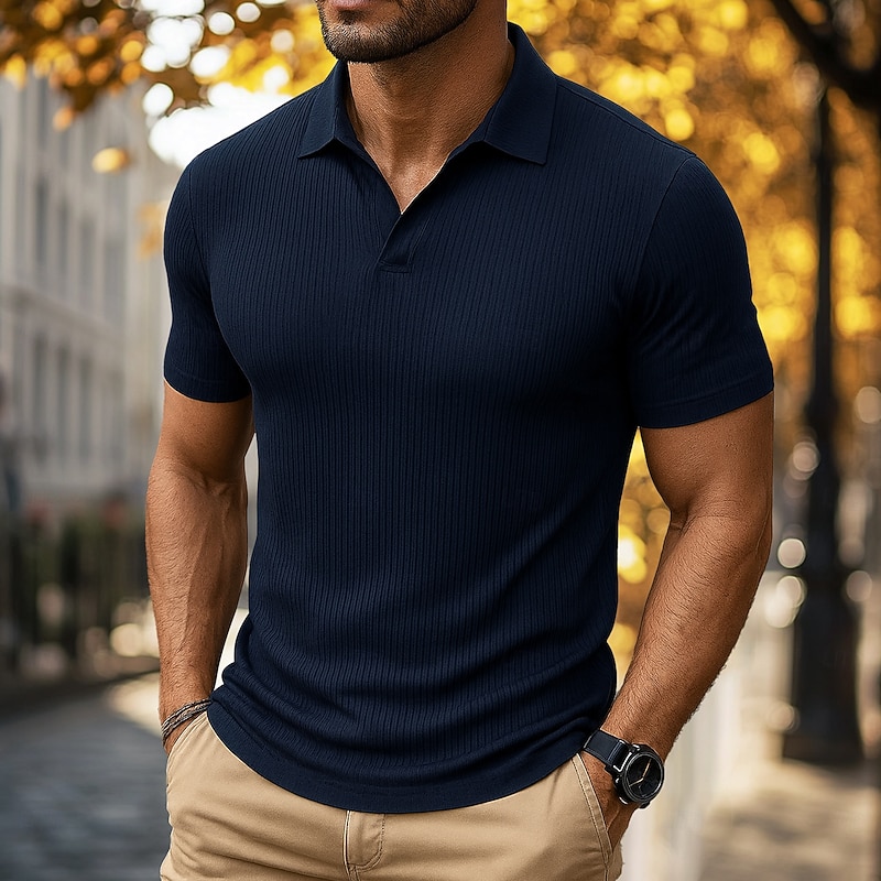 Men's Golf Shirt Casual Sports Lapel Ribbed Polo Collar Short Sleeve Fashion Basic Plain Vertical Stripes Classic Summer Spring All Seasons Regular Fit Wine Black Green Navy Blue Golf Shirt3