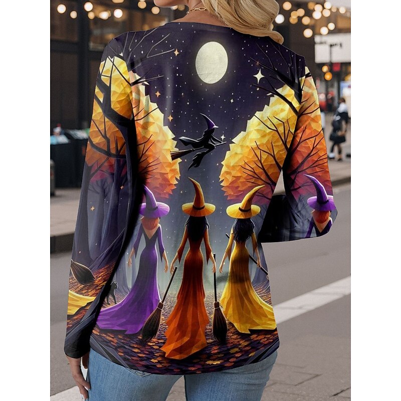 Halloween Women's T shirt Witch Long Sleeve Crew Neck Long Sleeve Tunic Graphic Abstract Vintage Stylish Classic Round Neck Regular Tops Daily Print Purple Orange Green Fall Prefall2