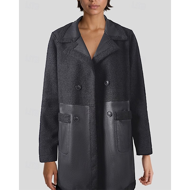 Women's Faux Leather Jacket Winter Jacket Warm Comfortable Pocket Buttons Fashion Modern Casual Plain Going out Weekend Single Breasted Regular Peaked Lapel Regular Fit Long Sleeve Outerwear Black3