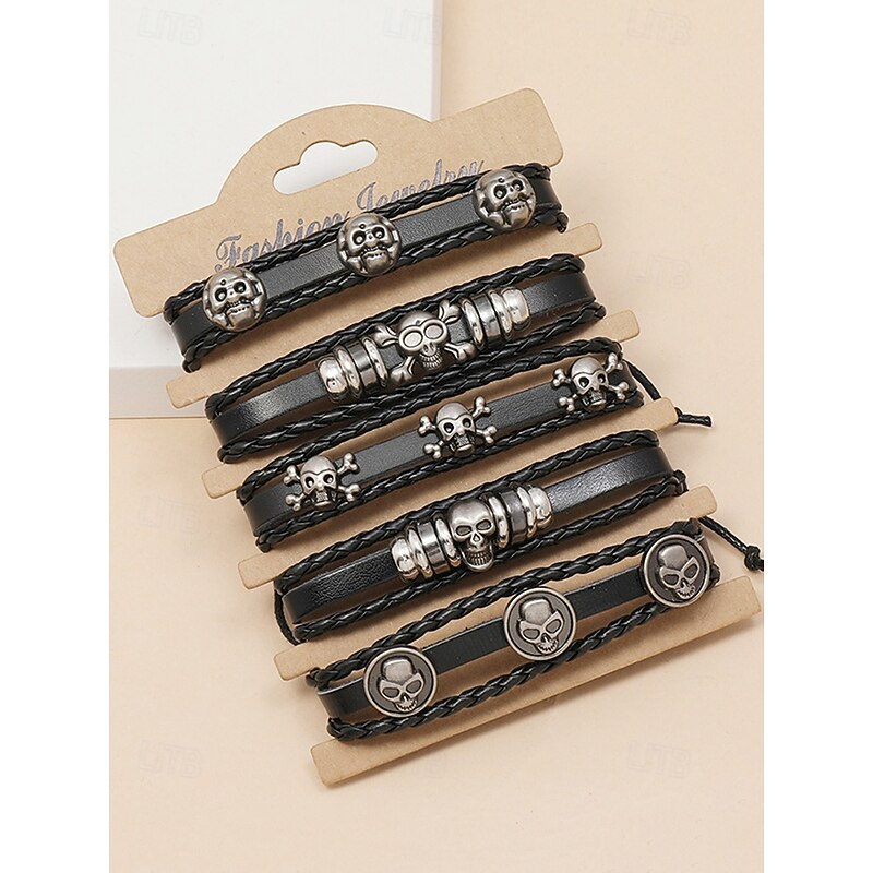 Men's Skull Charm Leather Bracelet set – Adjustable Genuine Leather Punk Wristband for Halloween Party, Cosplay and Rock Concerts4