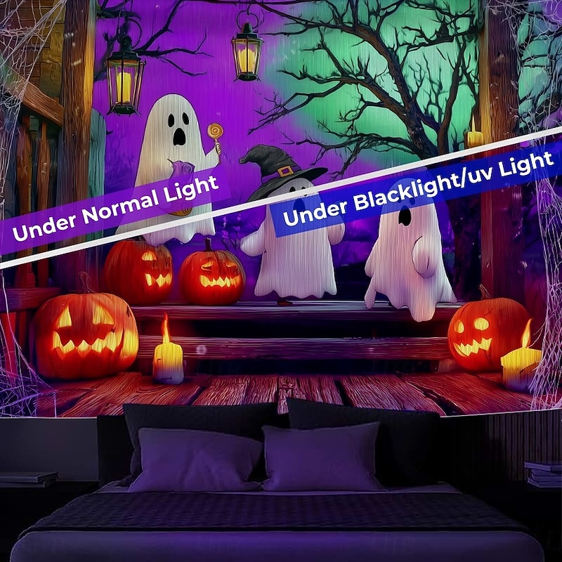 Halloween Blacklight Wall Tapestry – UV Reactive Three Cute Ghosts with Pumpkins in Haunted Graveyard, Neon Colors Spooky Night Scene, Glow in the Dark Wall Hanging for 2025 Halloween Decoration3