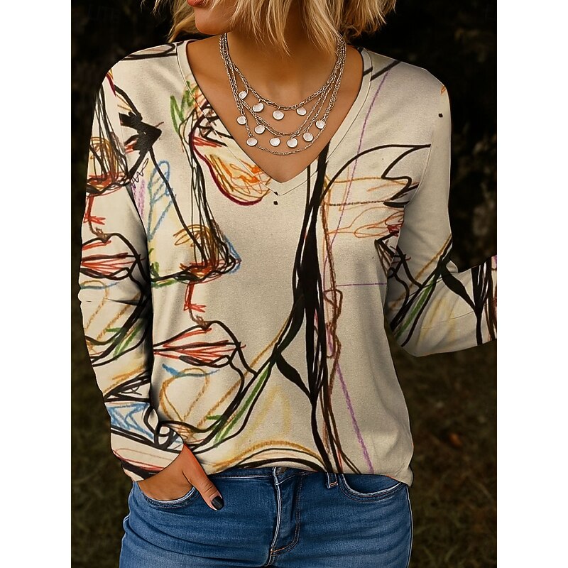 Women's T shirt Long Sleeve V Neck Long Sleeve Tunic Graphic Abstract Vintage Stylish Classic Regular Tops Daily Print Blue Purple Green Khaki Spring Fall Prefall