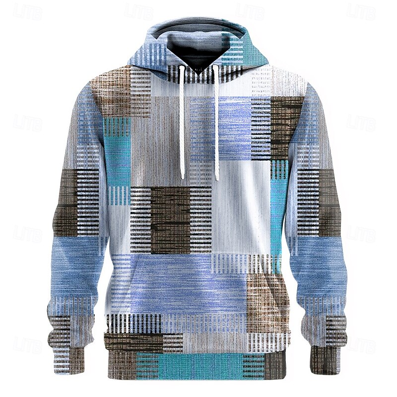 Men's Geometric Plaid Hoodies Sweatshirt Ethnic Cowboy Long Sleeve Crew Neck Holiday Streetwear Red Blue Drawstring Fall Winter Designer4