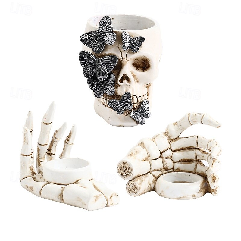 Halloween Resin Figurine INS Style Skull Hand Candle Holder Spooky Gothic Decor for Haunted House Garden Party Tabletop Ornament Scary Holiday Decoration Accessory3