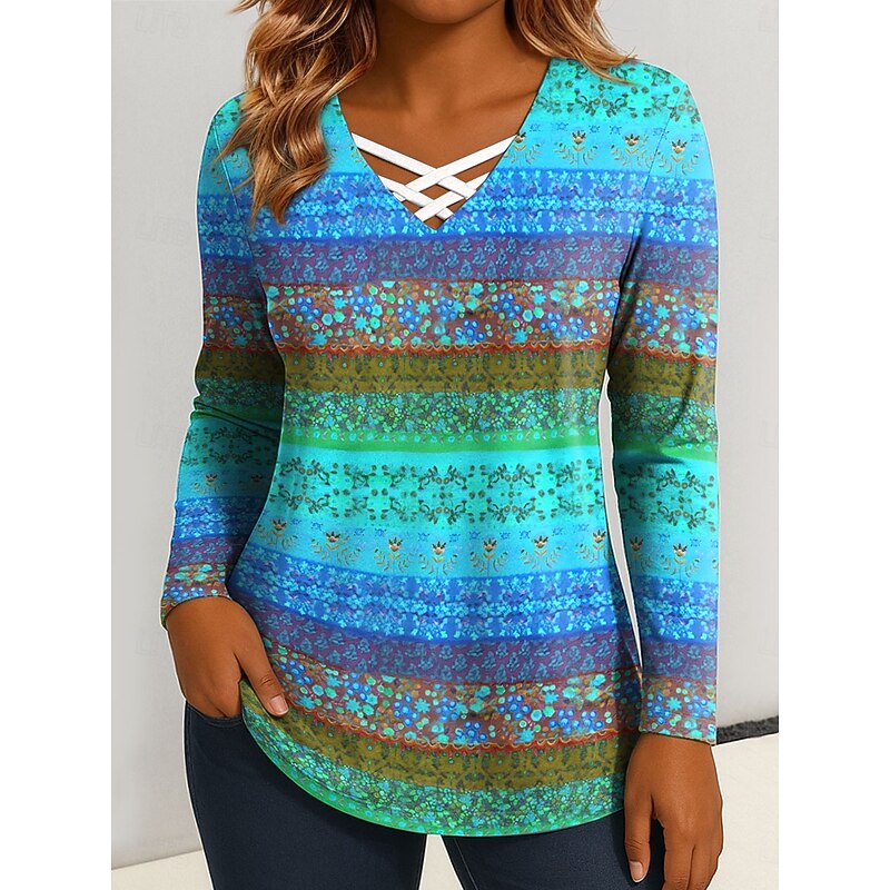 Women's T Shirt Floral Graphic Vintage Stylish Classic Long Sleeve V Neck Regular Tops Daily Cut Out Print Blue Purple Orange Green Spring Fall2
