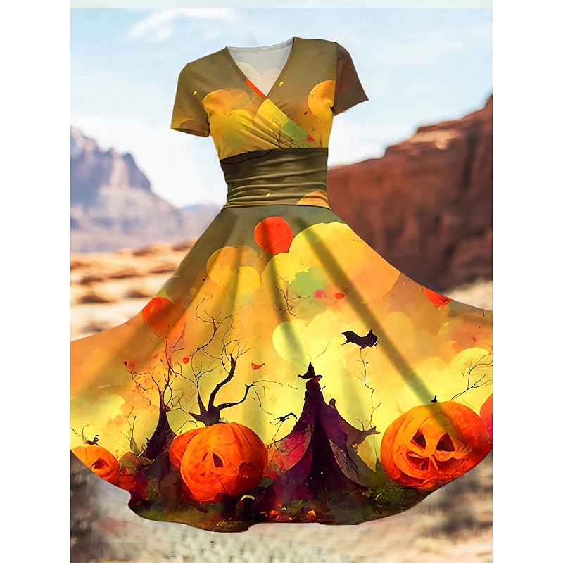 Halloween Women's Midi Dress A Line Dress Summer Dress Fit And Flare Dress Party Casual Daily Holiday Regular Fit Graphic Abstract Short Sleeve V Neck Yellow Orange Green Summer