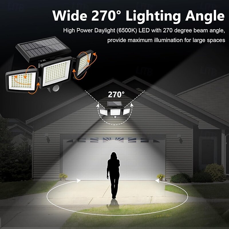 Solar Outdoor Lights 2500LM 210 LED Security Lights with Remote Control 3 Heads Motion Sensor Lights IP65 Waterproof 270 Wide Angle Flood Wall Lights with 3 Modes for Garage Yard Porch4