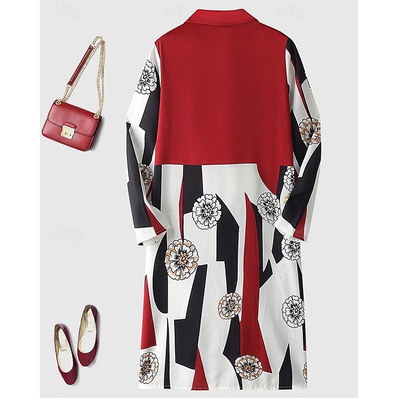 Women's Long Dress Maxi Dress Shirt Dress Casual Dress Elegant Fashion Modern Outdoor Party Holiday Regular Fit Color Block Long Sleeve Shirt Collar Wine Spring Fall2