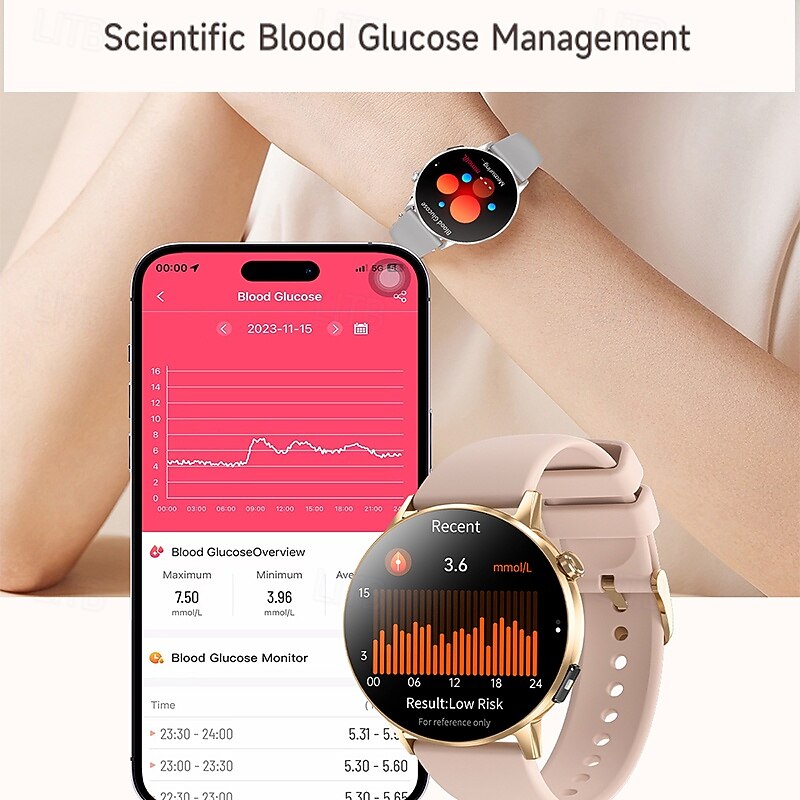 imosi 1.32 inch Amoled HD ScreenSmart Watch for Women with Blood Glucose Monitor Bluetooth Call Heart Rate & Blood Pressure Tracking IP68 Waterproof Fitness Tracker3