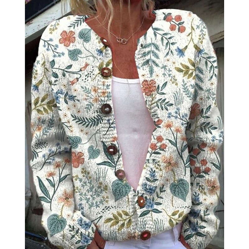 Women's Sweater Cardigan Fashion Streetwear Daily Floral Ribbed Open Front Knitted Print Long Sleeve Crop Tops Knit Holiday Going out Weekend White Blue Fall Winter2