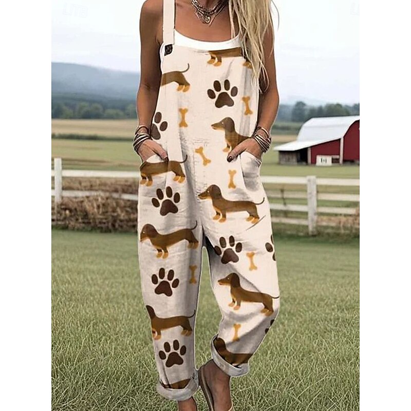 Women's Dungarees Active Graphic Sleeveless Vacation Street Loose Fit White Light Brown Khaki Summer2