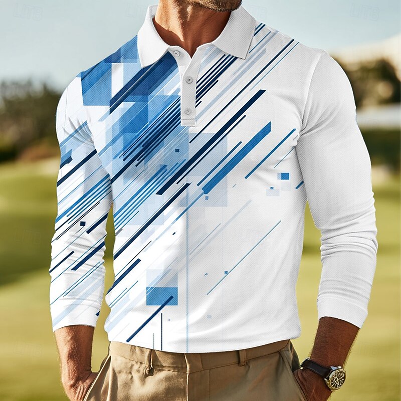 Men's Geometric Abstract Polo Long Sleeve Polo Shirts Lapel Casual Outdoor Street Athleisure Daily Wear 3D Print Buttons Spring Fall Winter Red Blue Green
