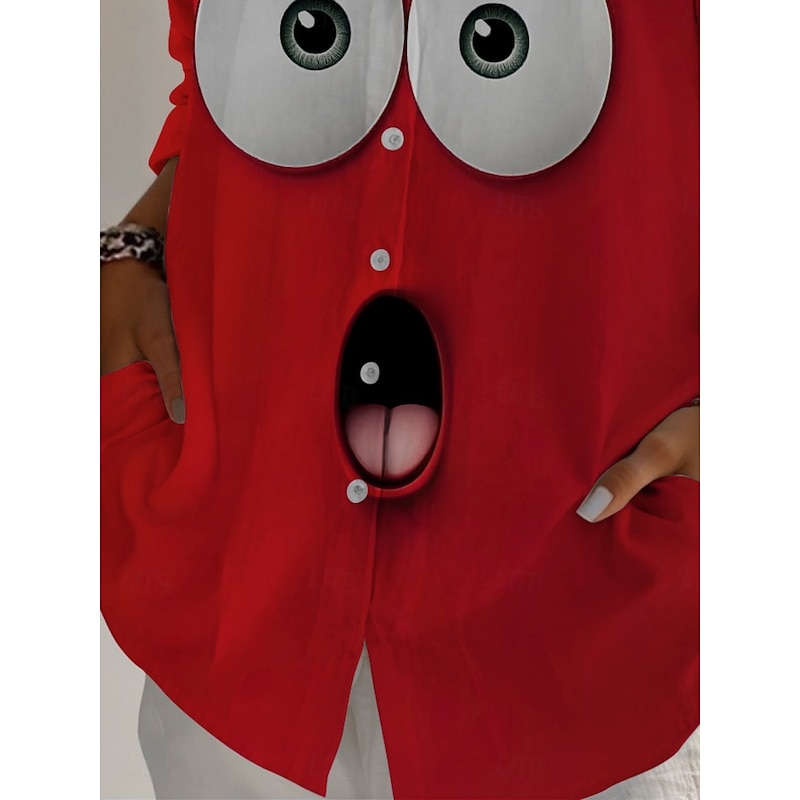 Women's Cartoon Funny Smile Face Shirt Graphic Active Daily Stylish Long Sleeve Shirt Collar Regular Tops Daily Holiday Buttons Print Red Spring Fall2