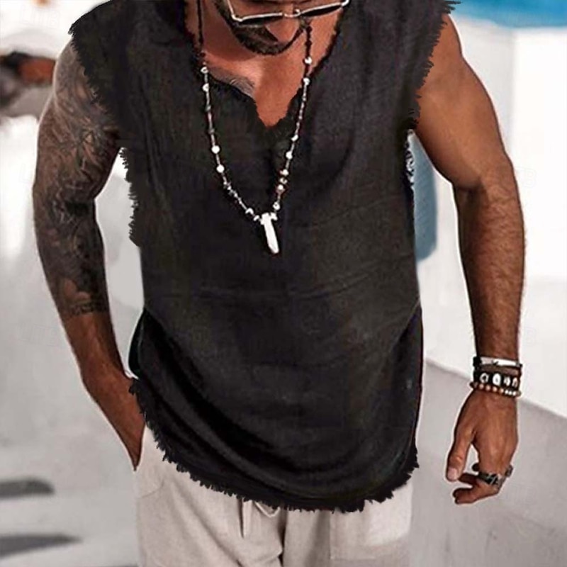 Men's Linen Shirt Tank Top Vest Sleeveless Shirt Sleeveless V Neck Summer Plain Fashion Classic Comfortable Vacation Casual Holiday White Top Tee for Men2