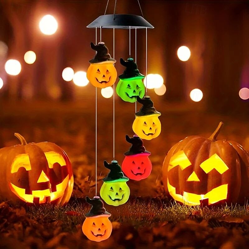Halloween Solar Wind Chime Light Seven Color Changing Balcony Pumpkin Skull Hanging Light Outdoor Waterproof Garden Home Halloween Party Potato Decoration2