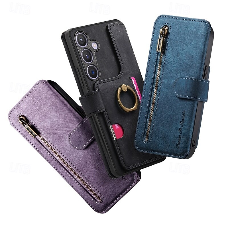 Phone Case For Samsung Galaxy S25 S25 Edge S24 S23 Ultra Plus S22 Plus  Ultra A55 5G A35 5G A25 A15 A14 Wallet Case Zipper Kickstand Card Slot Retro TPU PU Leather3