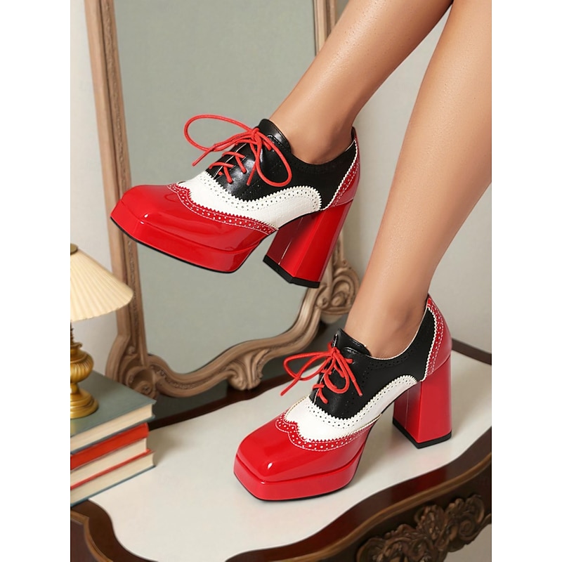 Women's Colorblock Oxford Platform Heels – Retro Patent Leather Lace-Up Brogue Shoes for Statement Looks and Costumes4