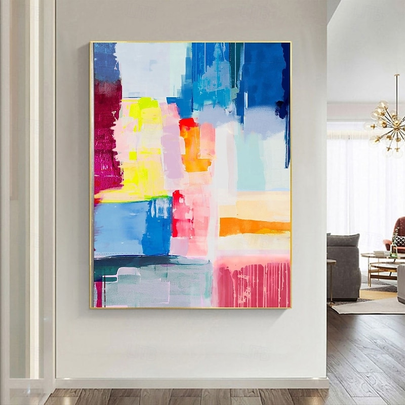 Handmade Abstract Oil Painting - Vibrant Multicolor Palette oil painting with Dynamic Brushstrokes Framed painting Modern Wall Art for Contemporary Living Room or Office Decor