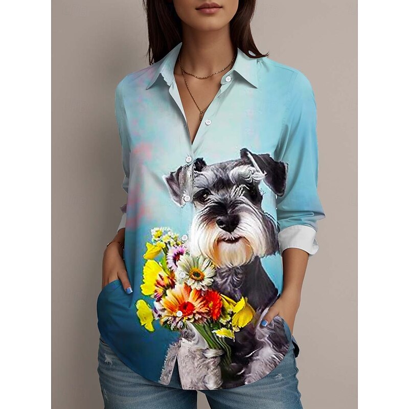 Women's Shirt Button Down Tunic Shirt Collar Long Sleeve Graphic Animal Active Vintage Cute Regular Tops Work Daily s Print Pink Blue Green Spring Fall Winter