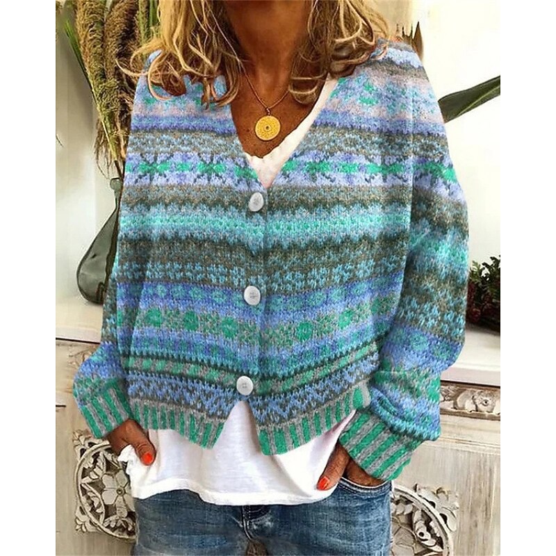 Women's Sweater Cardigan Fashion Streetwear Daily Floral Ribbed V Neck Knitted Long Sleeve Regular Tops Knit Holiday Going out Weekend Blue Green Fall Winter2