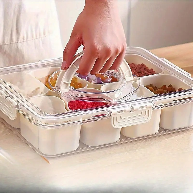 Food Storage Tray with Lid and Handle, Multi-Compartment Snack Organizer Box for Candy, Fruit, Nuts, Portable Rectangular Design, Food-Grade Material, Perfect for Parties, Weddings, and All-Season Use3