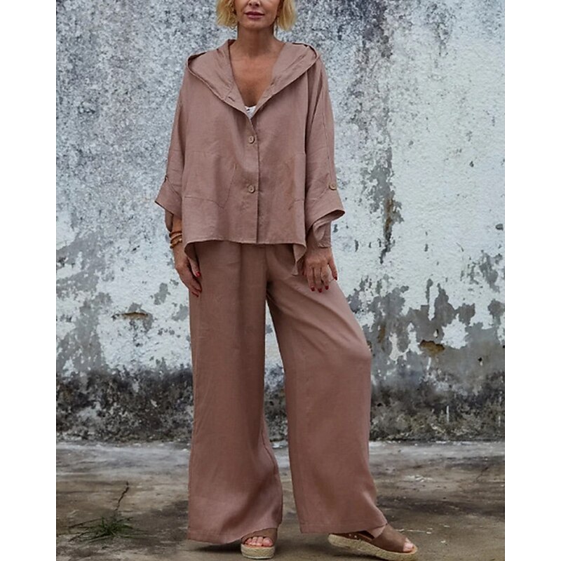 Women's Fashion Streetwear Blouse Pants Sets Bolero Top Long Sleeve Hooded Solid Color Vacation Casual Daily White Pink Brown Spring Regular Fit3