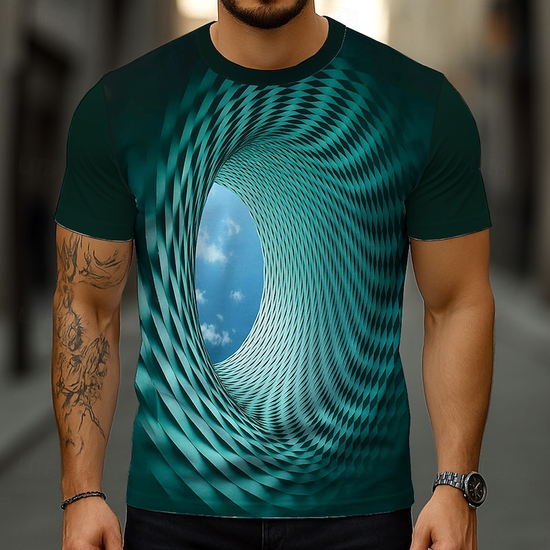 Men's Geometric Optical Illusion 3D T Shirt Short Sleeve T shirt 3D Print Crew Neck Shirt Exaggerated Designer Party Street Casual Deep Purple Green Summer Spring All Seasons Clothing Apparel S M L