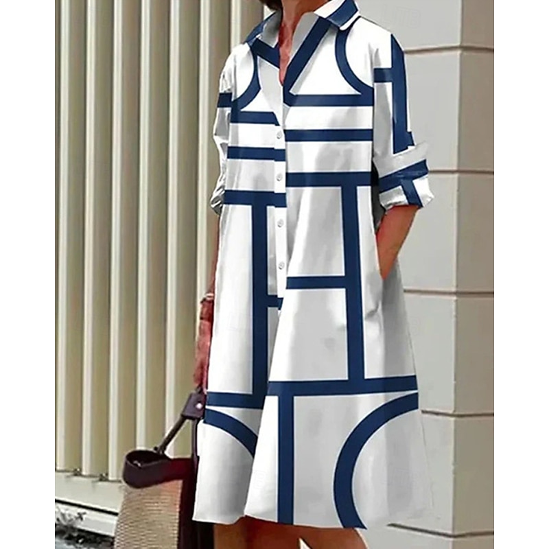 Women's Midi Dress Shirt Dress Casual Dress Fashion Modern Daily Beach Weekend Regular Fit Geometric Long Sleeve Shirt Collar Black Yellow Wine Blue Spring Fall